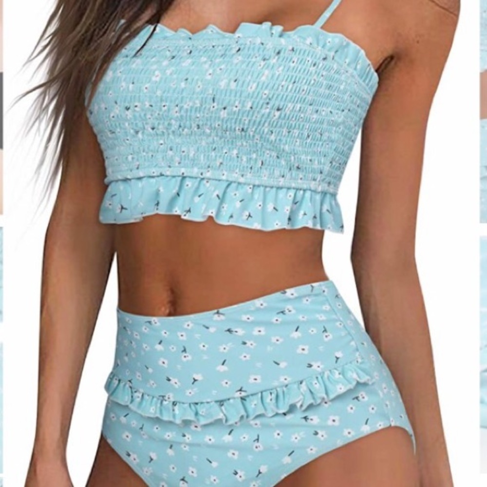 MOOSLOVER Women's Shirred Bandeau Bikini Top High Waisted Bottom 2 P Swimsuits - Picture 1 of 9